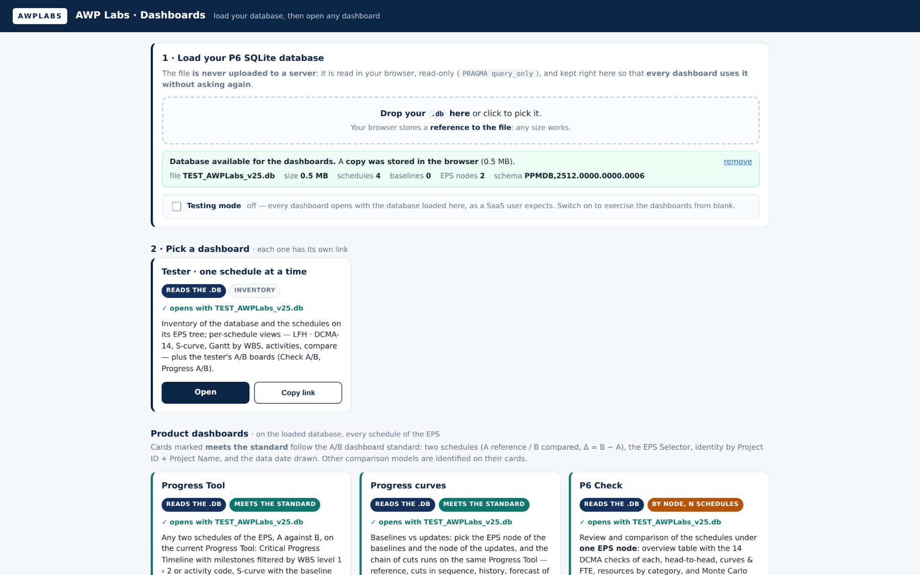 AWP Labs dashboards home: load a P6 SQLite database in the browser and pick any of the dashboards